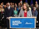 Premier Danielle Smith discusses Bill 53, the Compassionate Intervention Act, during a press conference with Mental Health and Addiction Minister Dan Williams, left, in Edmonton on Tuesday, April 15, 2025.