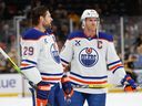Connor McDavid #97 and Leon Draisaitl #29 Edmonton Oilers made their debut on January 7, 2025 in Boston, Massachusetts game against the Boston Bruins.