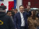 Conservative leader Pierre Poilievre stopped an event at a tire store in southeast Edmonton on Tuesday, April 8, 2025.