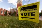On September 20, 2021, an election sign was seen near the polling station for the 2021 federal election held at the 2021 Robertson-Wesley United Church in Edmonton.
