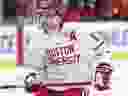 Quinn Hutson of Boston University (17) took action against Ohio State in an NCAA College hockey game in Toledo, Ohio on March 27, 2025.