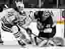 Los Angeles Kings goalkeeper Darcy Kuemper stopped the Edmonton Oilers Center's Trent Frederic's shot in the first phase of the NHL hockey game in Los Angeles on Saturday, April 5, 2025.