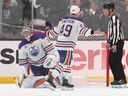 The Edmonton Oilers defense, Ty Emberson, attracts a line player after the Los Angeles Kings center, Anze Kopitar, scored as goalkeeper Stuart Skinner is in goal during the third period in game 2 of a series of first round of the NHL on Wednesday, April 23, 2025, in Los Angeles.