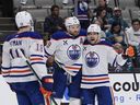 Edmonton Loilers left-wing center Leon Draisaitl (29) celebrated with center Leon Draisaitl (29) after scoring a goal in the second phase of the NHL hockey game against the San Jose Sharks on Thursday, April 3, 2025.
