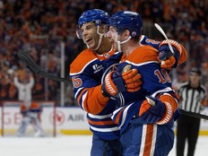 Edmonton Oilers' Zach Hyman (18) celebrates his goal against the Los Angeles Kings with Darnell Nurse (25)