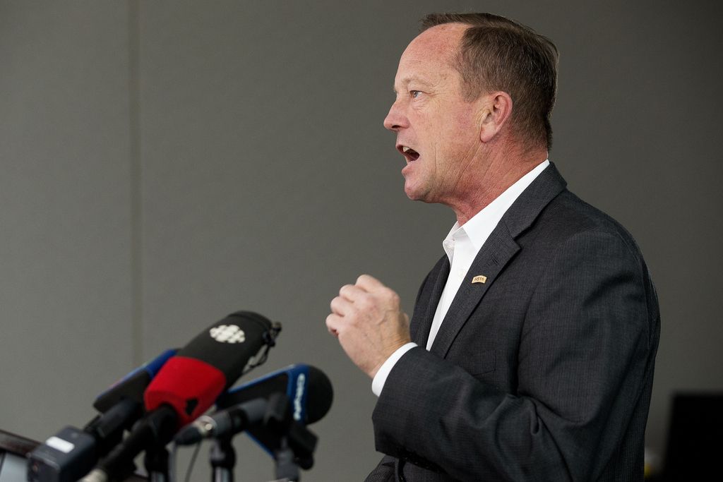 Health Sciences Association Of Alberta (HSAA) President Mike Parker takes part in a press conference on Monday Oct. 24, 2022.