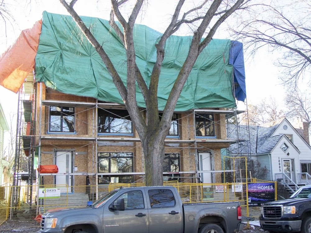 A large infill project looms over Kelly Petryk in her Crestwood neighbourhood backyard, in Edmonton on Aug. 20, 2025. The development at 14132 98 Ave. and 14134 98 Ave. will have 16 units between the two addresses.
