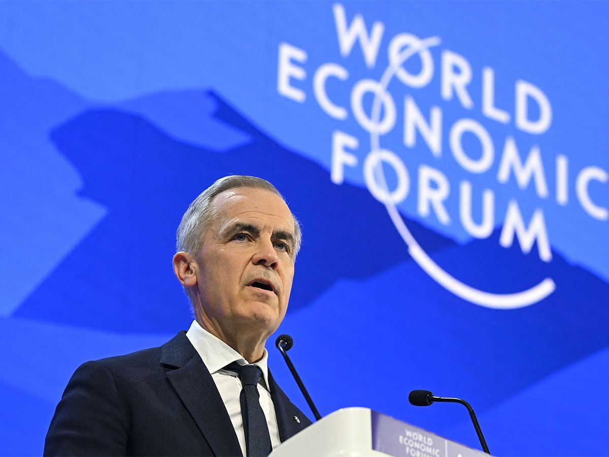 Canada's Prime Minister Mark Carney delivers a speech during the World Economic Forum annual meeting in Davos on Jan. 20, 2026.