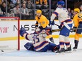 Nashville Predators forward Erik Haula scores a goal on Edmonton Oilers goaltender Tristan Jarry in the second period.