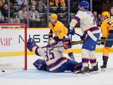 Nashville Predators forward Erik Haula scores a goal on Edmonton Oilers goaltender Tristan Jarry in the second period.