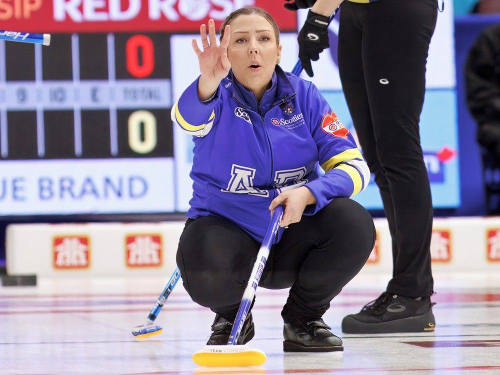 Alberta skip Selena Sturmay communicates with her team in the 3-v-4 playoff game against Christina Black’s Nova Scotia crew during the Scotties Tournament of Hearts at the Paramount Fine Foods Centre in Mississauga, Ont., on Saturday, Jan. 31, 2026.