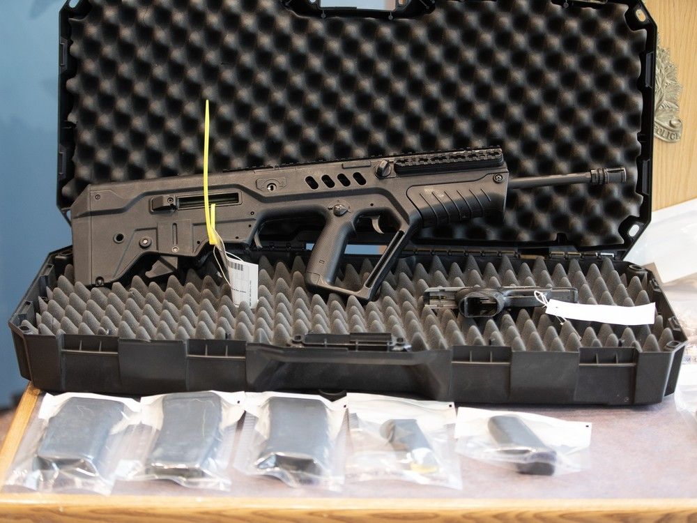  Firearms and ammunition on display at RCMP K Division following an extortion investigation undertaken by the Parkland General Investigation Section, in Edmonton Friday Feb. 27, 2026. Photo by David Bloom