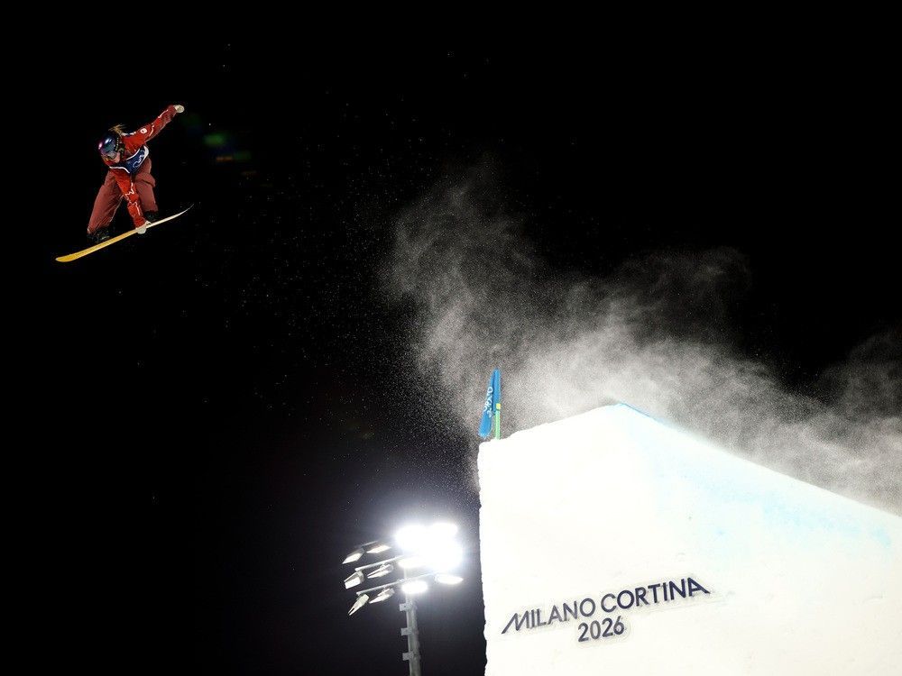 Canadian Juliette Pelchat competes in women's snowboard Big Air qualification at the Milan-Cortina Games.