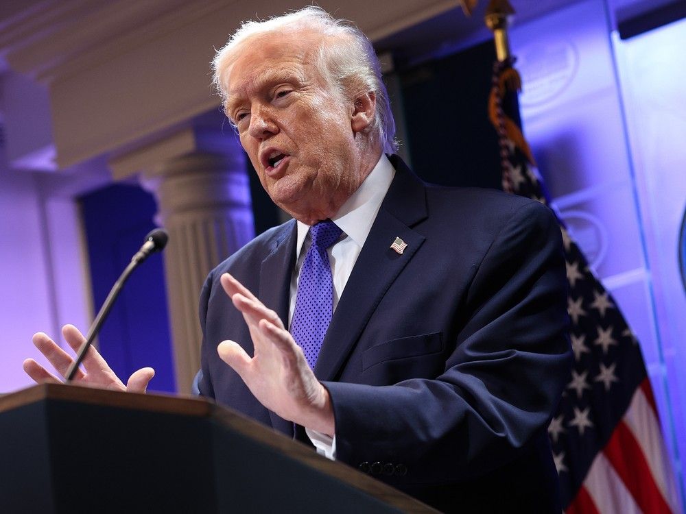 U.S. President Donald Trump speaks during a press briefing held at the White House on Feb. 20, 2026, in Washington, DC. The U.S. Supreme Court ruled against Trump's use of emergency powers to implement international trade tariffs, a central portion of the administration's core economic policy.