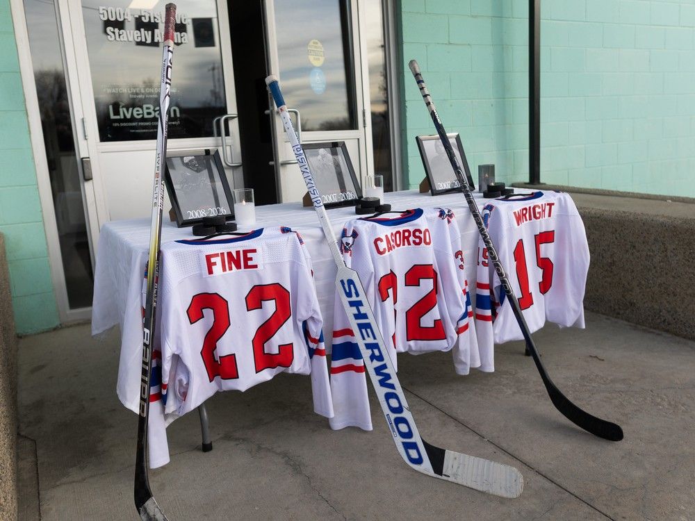 Memorial set up for the three southern Alberta junior hockey players that were killed in a collision on Monday, Feb. 2, 2026.