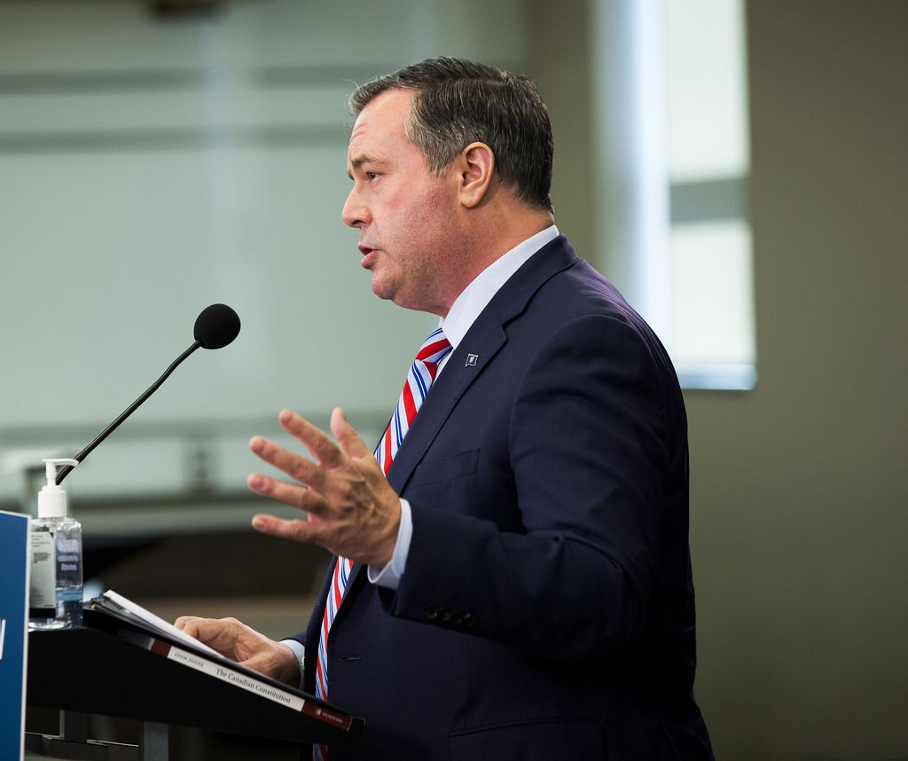 Premier Jason Kenney discusses the results of the recent equalization and daylight saving referendums and the vote for Senate nominees on Tuesday, Oct. 26, 2021 in Edmonton