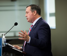 Premier Jason Kenney discusses the results of the recent equalization and daylight saving referendums and the vote for Senate nominees on Tuesday, Oct. 26, 2021 in Edmonton