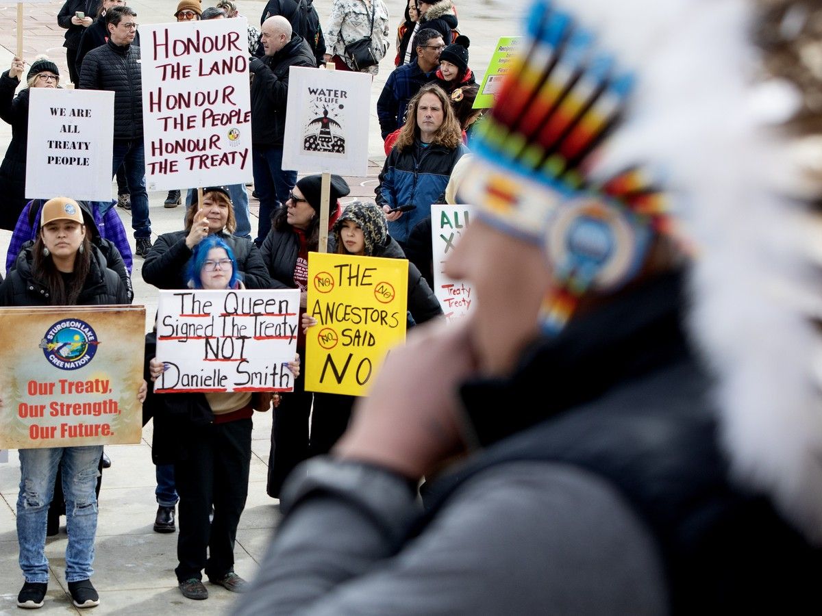 Chief Allan Adam of the Athabasca Chipewyan First Nation (centre) speaks in January 2026 about the Alberta separatist movement. The nation was in court April 8, 2026, for its legal challenge of a proposed separation petition.