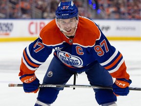 The Edmonton Oilers' Connor McDavid (97) during third period NHL playoff action against the Anaheim Ducks at Rogers Place, in Edmonton Monday April 20, 2026. The Oilers won 4-3.