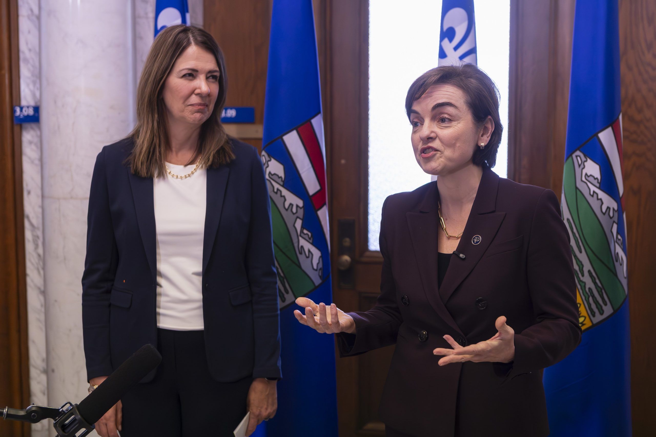 A meeting of premiers: Alberta's Danielle Smith, left, held talks with counterpart Christine Fréchette at her Quebec City office this week.