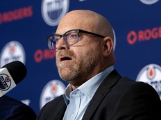 Edmonton Oilers general manager Stan Bowman announces Mike Babcock as the team's new head coach during a press conference at Rogers Place in Edmonton on Tuesday June 23, 2026.