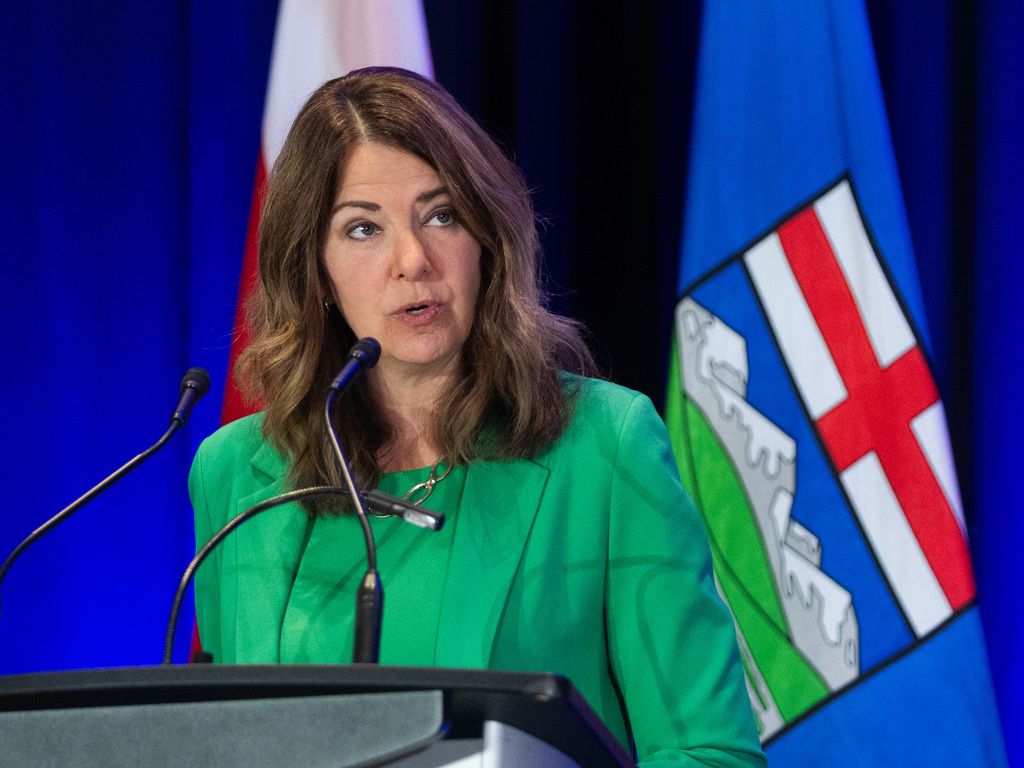 Premier Danielle Smith speaks at a New North America Initiative Summit at the BMO Centre in Calgary on Monday, June 15, 2026