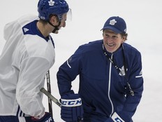 Coach Mike Babcock was having some fun out on the ice with Zach Hyman at Leaf practice in Toronto on Monday December 4, 2017.