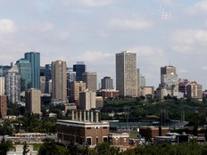 The Snowbirds (top right) perform their final fly-over Edmonton, Wednesday July 15, 2026. The Canadian Air Force tudor jets, used by the Snowbirds, have been retired at the end of the summer.
