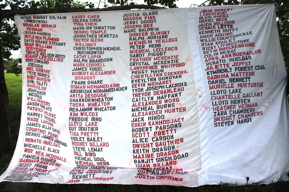 A banner with the names of people who have died on Highway 63 at the ninth Highway 63 Memorial Ride on Friday, July 17, 2020.