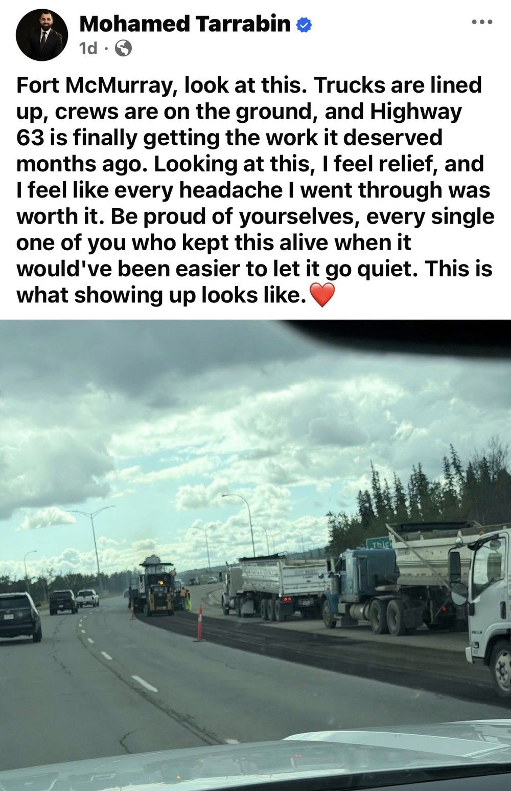 'Highway 63 is finally getting the work it deserved months ago' said Mohammed Tarrabin in a Facebook post, sharing his joy after seeing roadwork being done on the Highway. August 4, 2026.