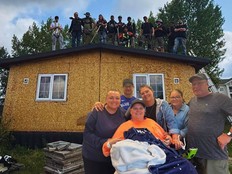 A photo collage of Katie and her family stood in front of their new home which in undergoing renovations done voluntarily by members of the Fort McMurray community. Images provided by Chelsea Ann Cox and Mohammed Tarrabin. August 5, 2026.