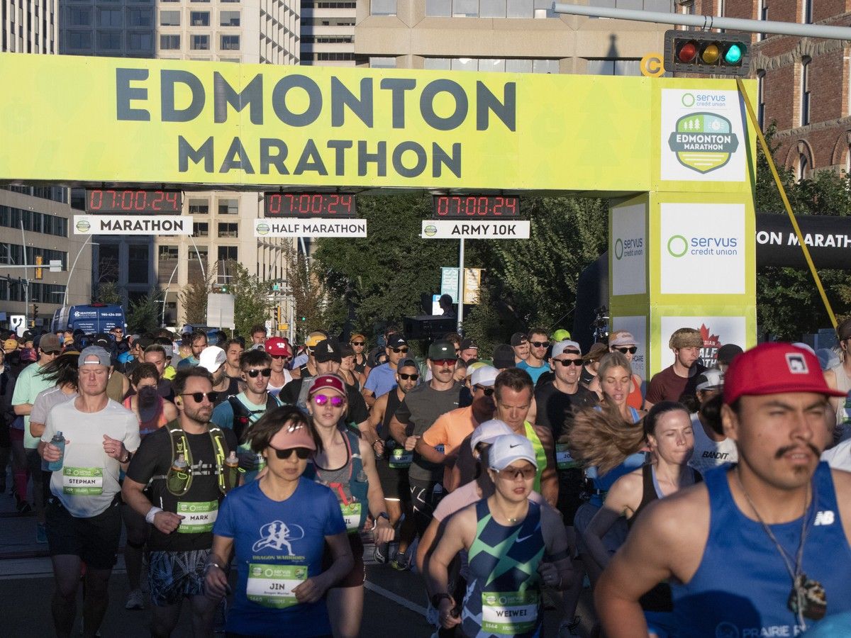 About 1700 marathon runners begin the 42km course through Edmonton at the 34th Edmonton Marathon on Sunday, August 17, 2025. Abut 8,500 runners registered for all of the running distances as part of the event.