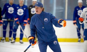 Coach Mike Babcock during the first day of the skating sessions for the Edmonton Oilers training camp at the Downtown Community Arena on Sept. 17.