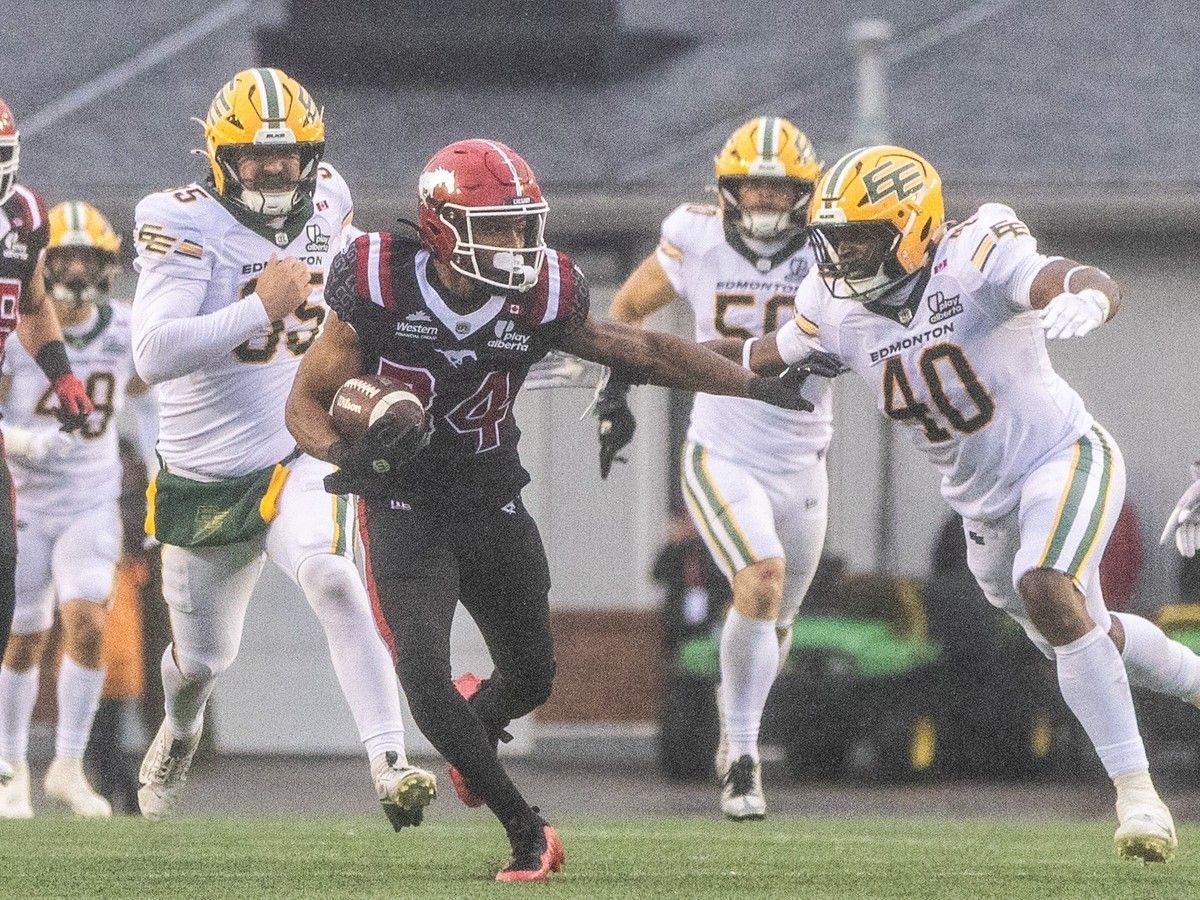 Calgary Stampeders running back Tyreik McAllister makes a break for it against the Edmonton Elks in the Labour Day Classic at McMahon Stadium on Monday, Sept. 7, 2026.