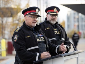 EPS Police Operations Chief Devin Laforce speaks about a reduction in crime and violence due to a focus on visible enforcement, during a press conference in Butler Memorial Park, Stony Plain Road and 158 Street, in Edmonton Wednesday Oct. 14, 2026. Photo by David Bloom