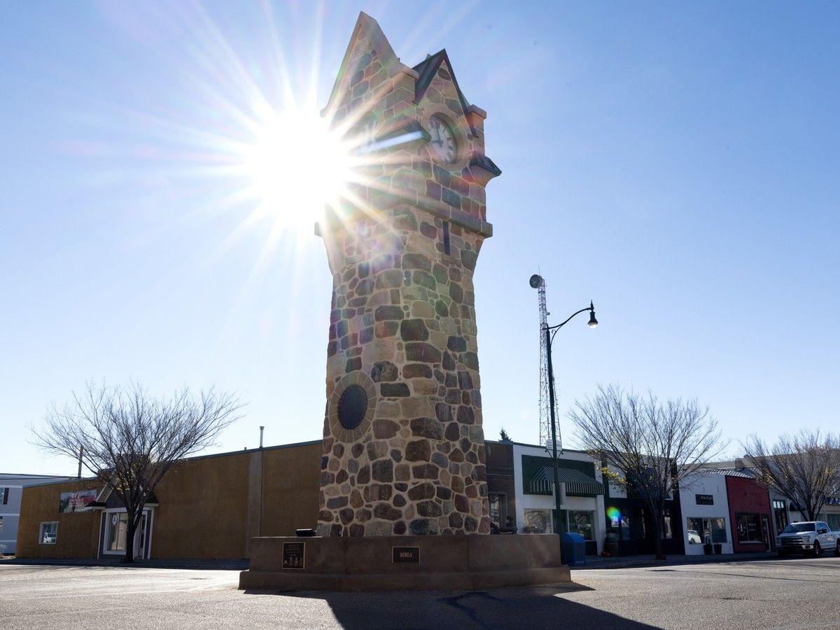 The cenotaph in the centre of downtown Wainwright, Sunday Oct. 18, 2026. A mass casualty event occurred at CFB Wainwright Oct. 17, 2028.