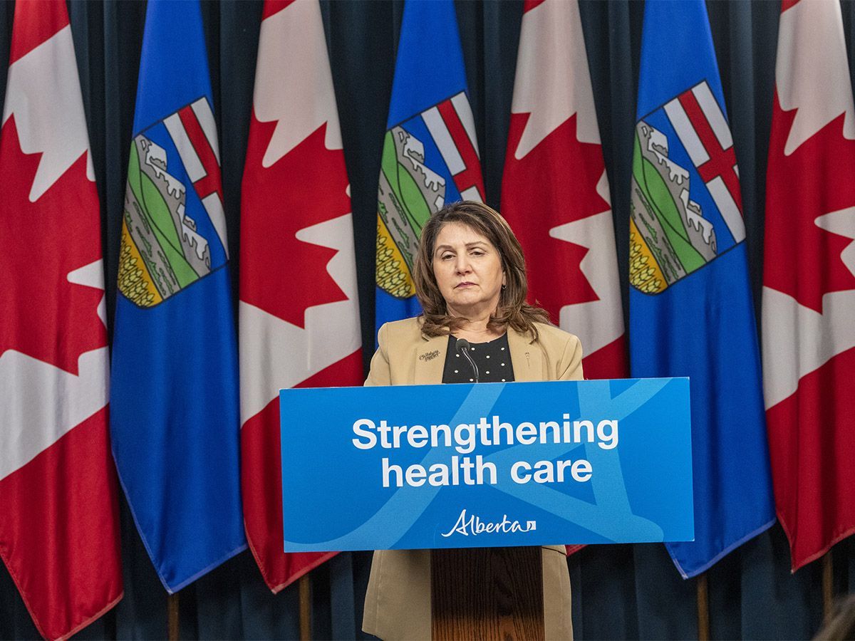 Minister of Primary and Preventative Health Services Adriana LaGrange announces new legislation to provide expanded health care access on Monday, April 13, 2026 in Edmonton.
