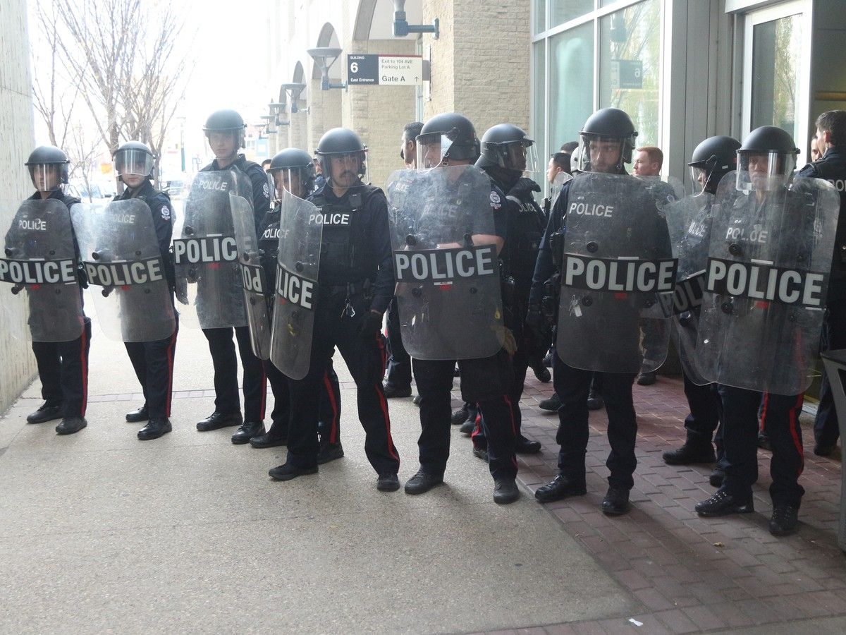 Edmonton Police were called out to MacEwan University shortly after 4 p.m. on Thursday in response to a pro-Palestinian demonstration at the school. Eyewitnesses told Postmedia the protest was heated but not violent. One woman was detained but no injuries were reported. Eric Bowling/Postmedia