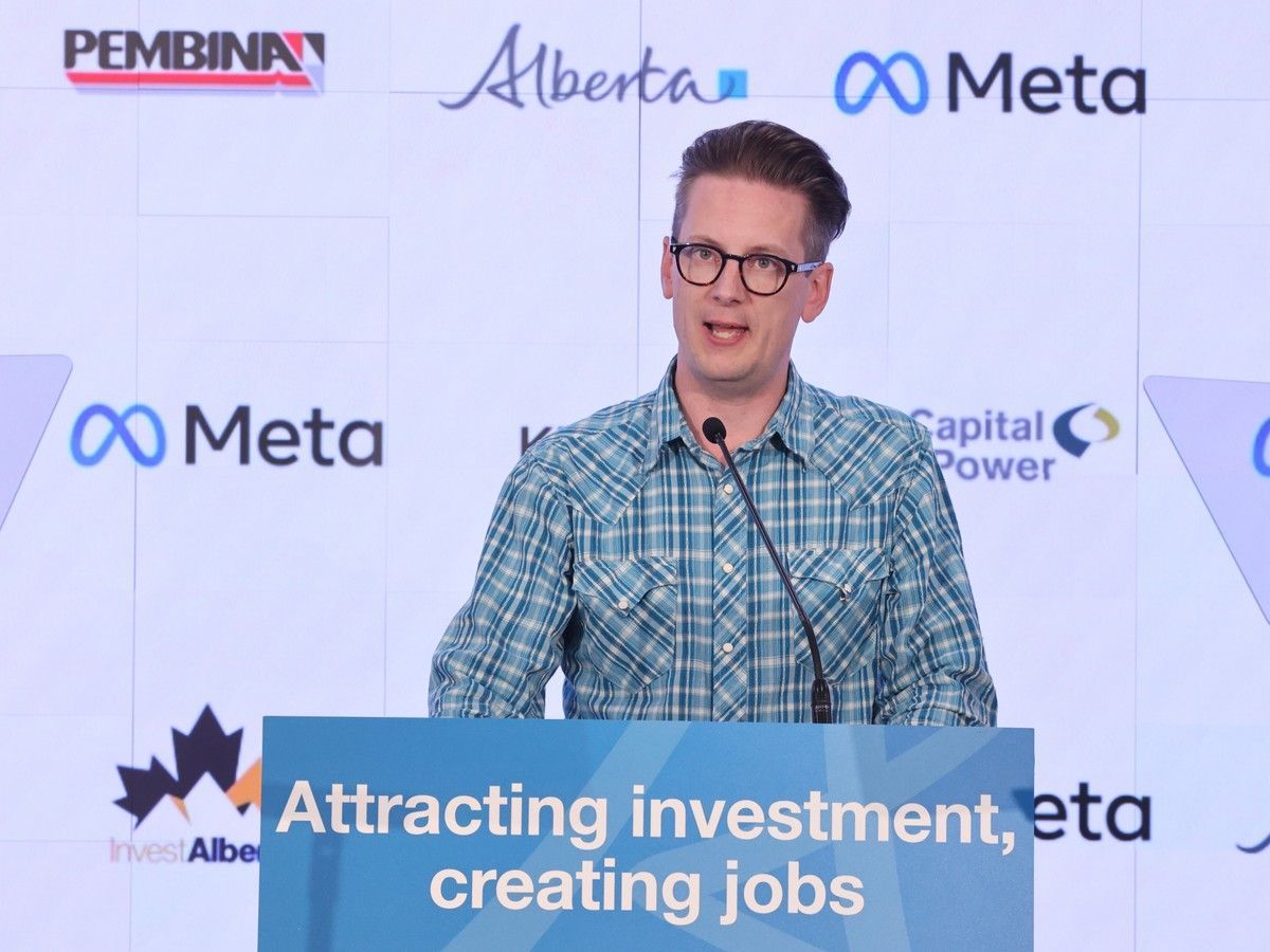 Alberta Minister of Technology and Innovation Nate Glubish speaks during an announcement that Meta will invest $13 billion building a new data centre in Sturgeon County. The announcement took place in Calgary on July 8, 2026.