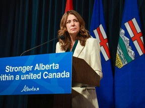 Alberta Premier Danielle Smith answered media questions about the results of the referendum during a press conference at McDougall Center in Calgary on Wednesday, October 21, 2026.