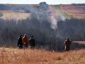 Burned areas and hot spots on the edge of Canadian Forces Base Wainwright are seen on Sunday, October 18, 2026. A devastating fire spread after killing several soldiers and injured dozens more on Saturday afternoon.