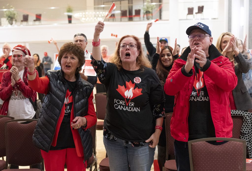 People cheer for Thomas Lukaszuk, former Deputy Premier, MLA, and founder of Forever Canadian as results come at the Forever Canadian referendum night watch party on Monday, October 19, 2026