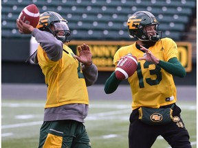 Eskimos quarterbacks Mike Reilly, right, and James Franklin during practice at Commonwealth Stadium in Edmonton, October 25, 2017.