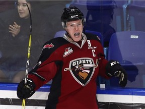 Tyler Benson of the Vancouver Giants celebrates his goal against the visiting Lethbridge Hurricanes during a November 2016 WHL game at the Langley Events Centre.