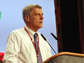 Guy Smith, president of the Alberta Union of Provincial Employees, addresses members gathered at the 41st annual convention at the Shaw Conference Centre at 9797 Jasper Ave. in Edmonton on Oct. 20, 2017.