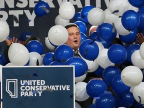 Jason Kenney is covered in balloons as he celebrates after being elected leader of the United Conservative Party. The leadership race winner was announced at the BMO Centre in Calgary on Saturday October 28, 2017.