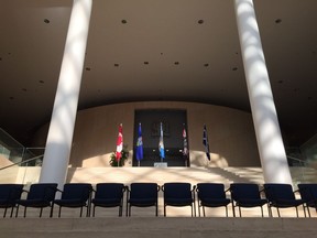 City crews set up for the official swearing in Tuesday for Edmonton's new city council.