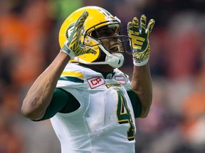 Edmonton Eskimos receiver Adarius Bowman celebrates his touchdown against the B.C. Lions during CFL action on Oct. 21, 2017, in Vancouver.