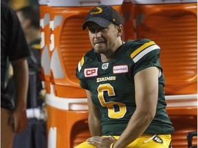Edmonton Eskimos kicker Sean Whyte (6) watches from the sidelines against the B.C. Lions in Edmonton on Friday, July 28, 2017.