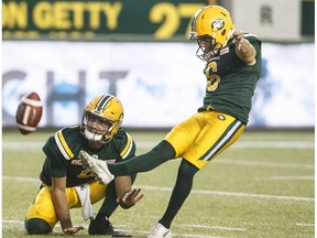 Edmonton Eskimos kicker Sean Whyte (6) makes the field goal as Danny O'Brien (9) places the ball, against the Ottawa Redblacks during second half CFL action at Commonwealth Stadium on Friday July 14, 2017.